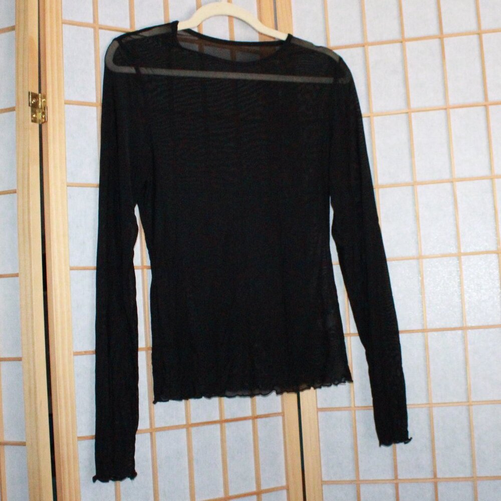 Unknown Brand Mesh Ruffle Trim Long Sleeve Top